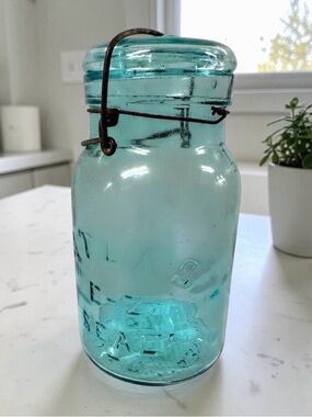 Vintage Atlas E-Z Seal Aqua Glass Canning Jar Bail Lid Hazel Atlas Fruit Jar
